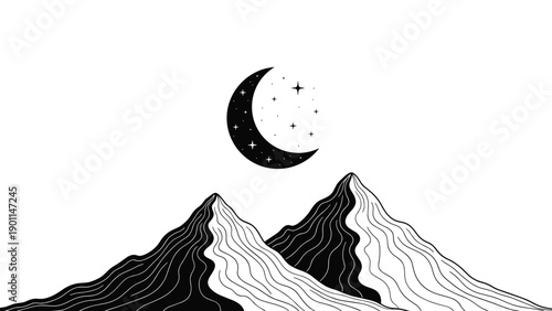 Stark line art illustration of minimalist mountains with a dark crescent moon and stars, conveying a serene night landscape and cosmic tranquility.