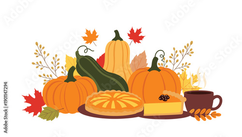 Rich autumn harvest and Thanksgiving spread, featuring various pumpkins, a squash, whole pies, and a cup of warm beverage, celebrating fall abundance.