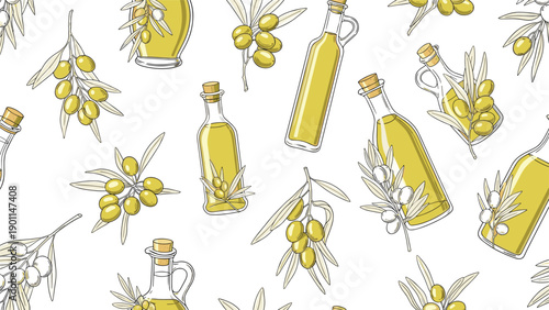 Seamless pattern of olive oil bottles, pitchers, and green olive branches with fruit, depicting healthy Mediterranean ingredients and cooking.