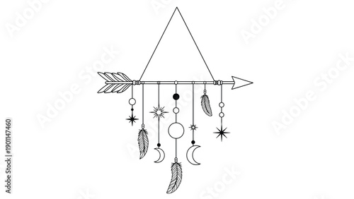 Stylized line art bohemian dreamcatcher in the shape of an arrow, adorned with feathers, moons, stars, and beads, symbolizing dreams and protection.