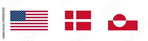 Flag Icon Set of US American Denmark Danish and Greenland Greenlandic Flags. Vector Image.