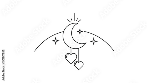 Delicate line art celestial charm featuring a crescent moon with stars and dangling hearts, symbolizing love, dreams, and magical night skies.