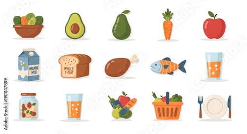 Collection of assorted food items and drinks in flat design style.