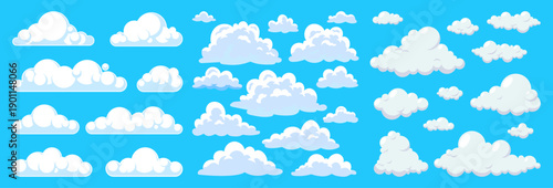 Set of white clouds in different shapes and sizes. Cartoon cloud collection flat vector set