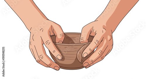 Close-up of two hands carefully holding a small, unfinished clay pot.