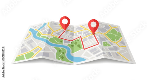 A folded map with two red location pins showing a route between them on a white background.