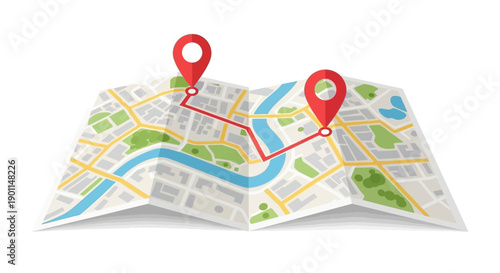 A folded map displaying a route between two red location pins, with a river and city streets visible.