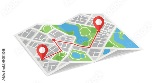 A stylized map showing a route between two locations with red pins, highlighting urban areas and green parks.