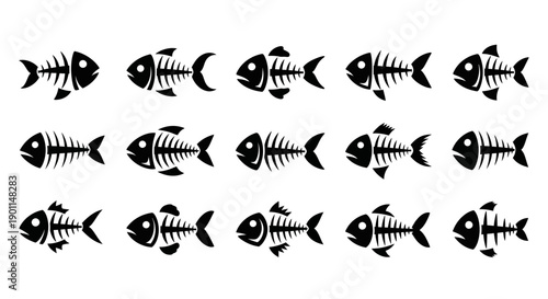 A collection of stylized black and white fish skeletons arranged in three rows against a white background.