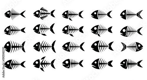 A collection of twenty stylized black and white fish skeletons arranged in four rows of five.