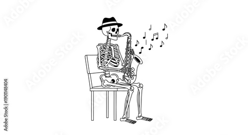 A skeleton wearing a fedora hat plays a saxophone while sitting on a chair.