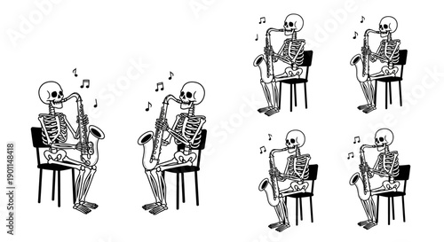 A group of skeletons playing saxophones, some in pairs and some individually, creating a musical scene.