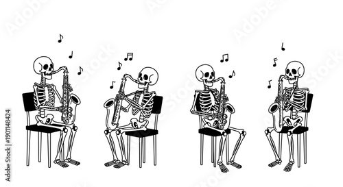 Four skeletons are sitting on chairs and playing musical instruments, with musical notes floating around them.