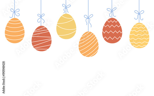 Painted color Easter eggs hanging on string, seamless border. Egg in flat hand drawn style. Vector
