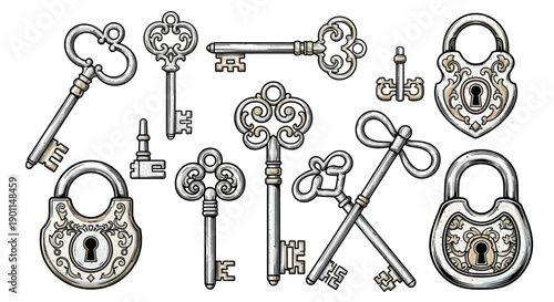 A collection of antique keys and padlocks, featuring ornate designs and intricate details, presented in a vintage illustration style.