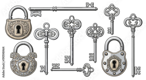Collection of antique ornate padlocks and skeleton keys, rendered in a vintage illustration style.