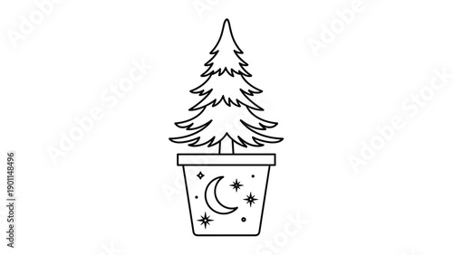 Minimalist line art illustration of a Christmas tree in a pot adorned with a crescent moon and stars, blending festive cheer with a celestial touch.