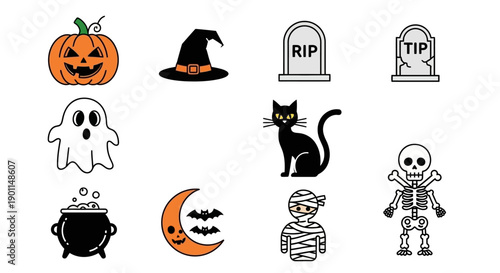 A collection of 12 cute and spooky Halloween-themed icons including a pumpkin, witch hat, gravestones, ghost, black cat, skeleton, cauldron, crescent moon with bats, and a mummy.
