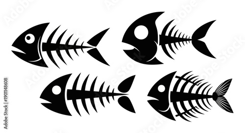 A collection of four stylized black fish skeletons on a white background, presented in a top-left to bottom-right arrangement.