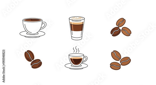 Coffee Beans and Cups Collection Vector Illustration.