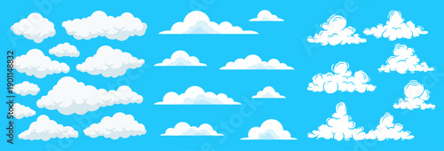 Set of white clouds in different shapes and sizes. Cartoon cloud collection flat vector set