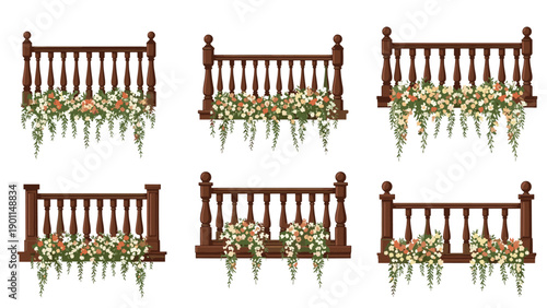 Elegant collection of wooden balcony railings adorned with vibrant flower boxes and lush greenery, enhancing home facade and garden design.