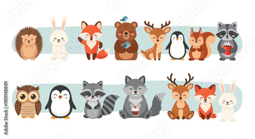 A charming collection of cute cartoon forest animals, including a hedgehog, rabbit, fox, bear, deer, penguin, squirrel, and raccoon, presented in two rows against a light blue background.