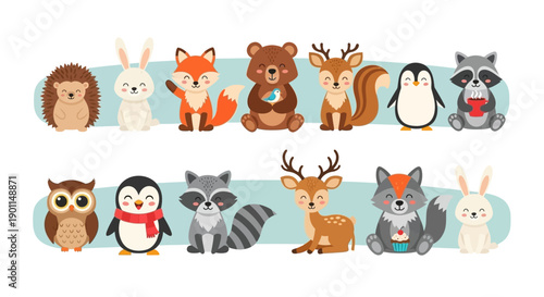 A charming collection of cute cartoon forest animals, including a hedgehog, rabbit, fox, bear, deer, penguin, raccoon, and owl, presented in two rows against a light blue background.
