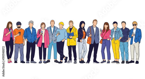 A diverse group of casually dressed men and women standing together in a line, each holding a smartphone.
