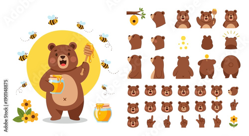 Collection of cute cartoon bear illustrations with various poses, expressions, and honey-related elements, including bees and flowers.
