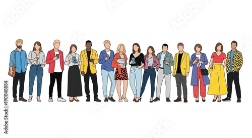 A diverse group of young adults standing in a line, each holding a book or a phone, dressed in casual modern clothing.