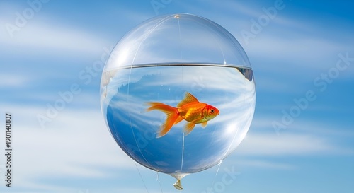 A vibrant orange fish swimming inside a large, transparent bubble against a blue sky