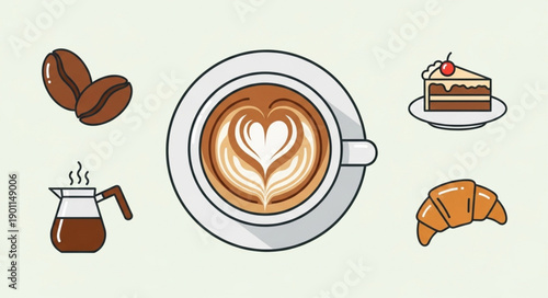 Coffee break with latte art croissant and cake illustration.