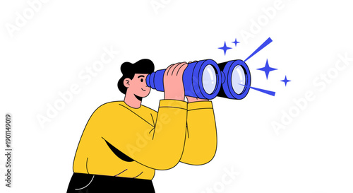 A person in a yellow shirt looking through large blue binoculars with a determined expression.