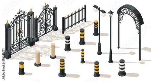 Collection of ornate wrought iron gates, fences, bollards, and lampposts, presented in an isometric view.