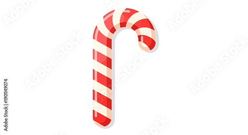 A classic red and white striped candy cane with a curved hook at the top, isolated on a white background.