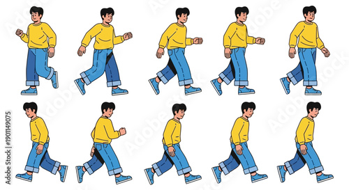 A sequence of cartoon illustrations showing a young man in a yellow sweatshirt and blue jeans walking in a repetitive motion.