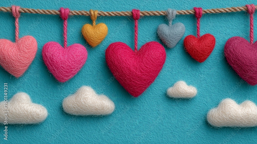 Fototapeta premium Colorful handmade felt hearts hanging on rope against blue sky