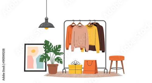A cozy indoor scene featuring a clothing rack with sweaters, gifts, and a potted plant.