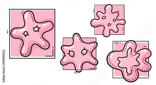 A collection of amoeba-like organisms depicted in various stages of movement and form within square frames.