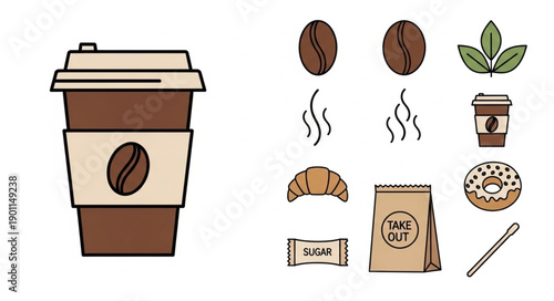 Coffee cup and related items illustration.