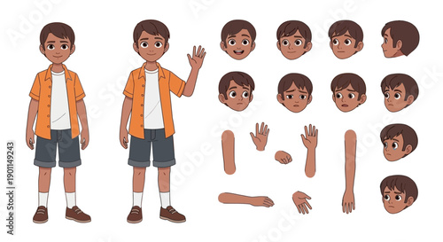 Character design sheet for a young boy with various facial expressions, body parts, and poses for animation.