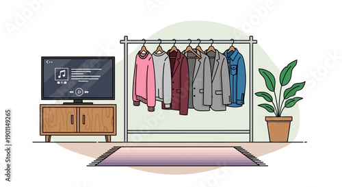 A minimalist illustration of a clothing rack with various garments, a television set, and a potted plant.