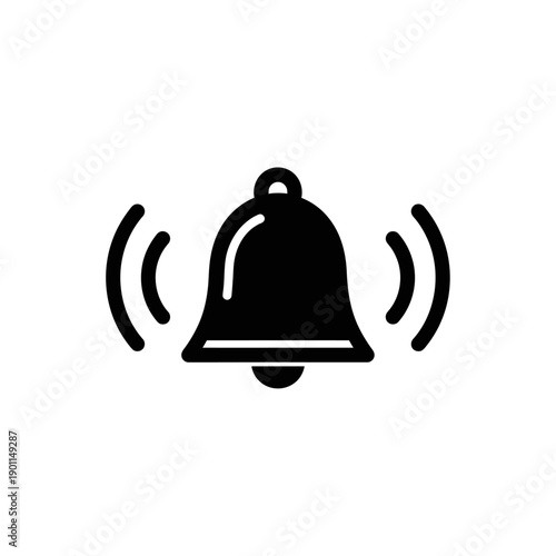 A black and white illustration of a ringing bell with sound waves emanating from it.