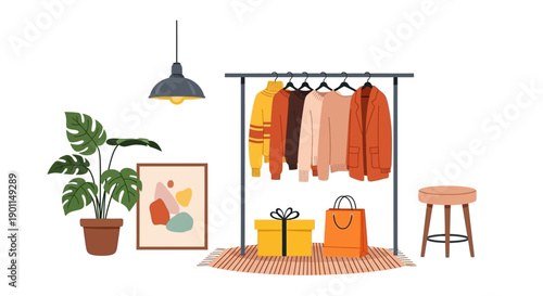 A stylish clothing rack with autumn-colored sweaters, a gift box, and a shopping bag, complemented by a potted plant and a stool.