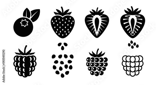 A collection of stylized black and white icons representing various berries, including blueberries, strawberries, and raspberries, with some showing seeds.