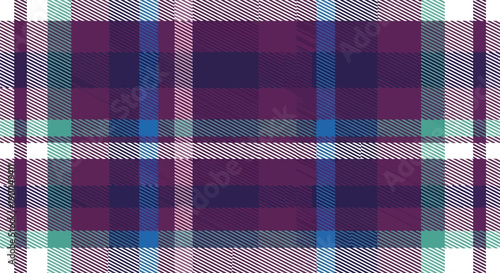 A close-up view of a purple and teal plaid fabric pattern with a textured weave.