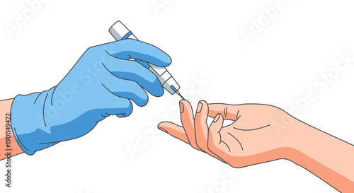 A gloved hand uses a blood glucose meter to prick a finger for a blood sample.
