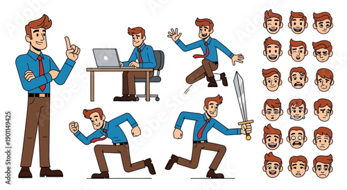 A cartoon businessman character with multiple poses and facial expressions, ready for animation.