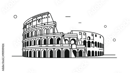 Detailed line art illustration of the iconic Roman Colosseum, representing ancient architecture, history, and a famous Italian landmark.
